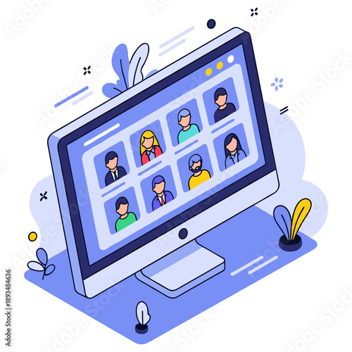 Diverse team video conference on monitor with caucasian, african, and asian participants