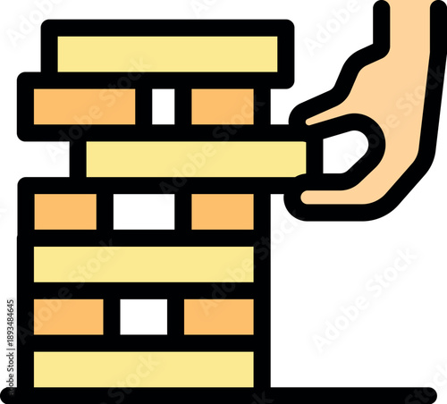 Hand carefully removing a block from a jenga tower