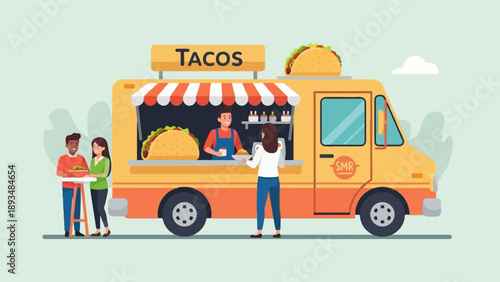 Diverse customers purchase delicious tacos from a vibrant food truck