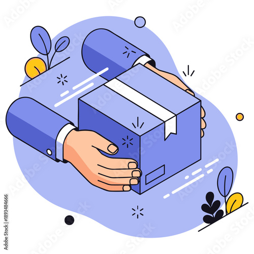Illustrated hands holding gift box surrounded by abstract nature elements