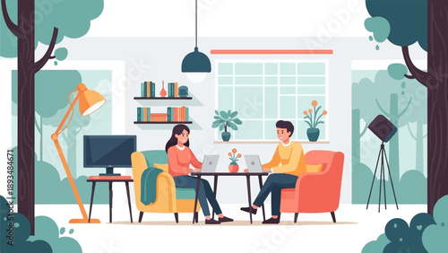 Diverse individuals collaborate and study at home with laptops