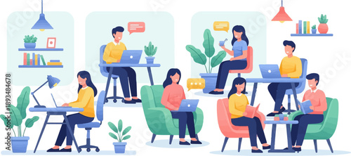 Diverse individuals collaborate and work remotely in a cozy, modern office setting