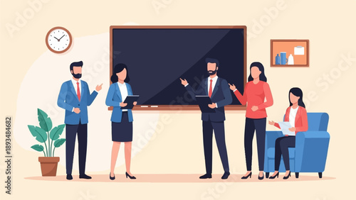 Diverse professionals collaborate around a chalkboard, holding documents