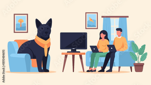 Dog on armchair watches people on couch using laptops in living room