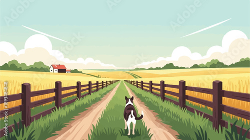 Dog walks down a dirt path through a golden field toward a farm