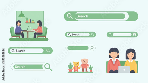 Diverse search interface elements with playful, collaborative, and whimsical visuals