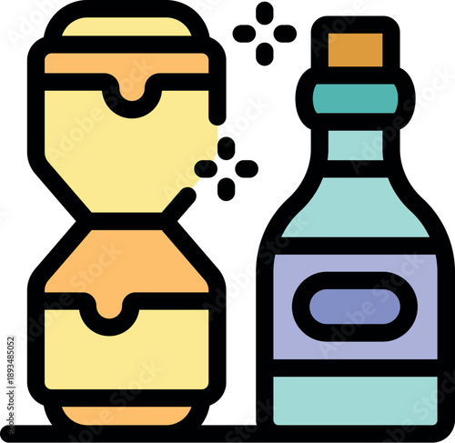Colorful icon depicting a magic potion brewing in a glass bottle alongside an hourglass, symbolizing the time required for alchemical processes
