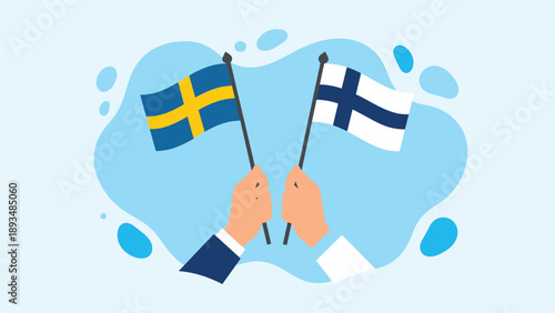 Hands holding the national flags of Sweden and Finland to represent Nordic cooperation, regional partnership, and diplomatic unity.