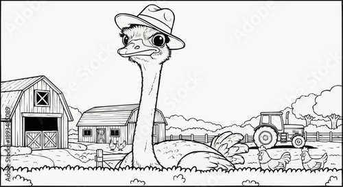 Coloring book for children — An ostrich in a hat on the background of a barn and a tractor with chickens in a farm setting