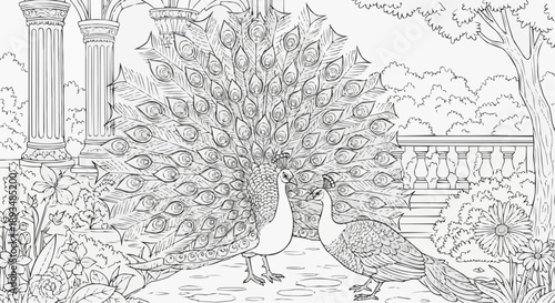 Coloring book for kids — A beautiful peacock, showing off its feathers, in a luxurious garden setting