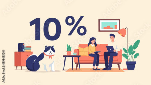 Duo and dog in cozy room, 10% offer displayed