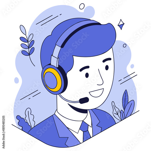 Cartoon customer service representative with headset in blue suit