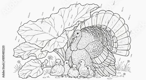 Coloring book for kids — Mother turkey shelters her chickens under large leaves in a rainy environment