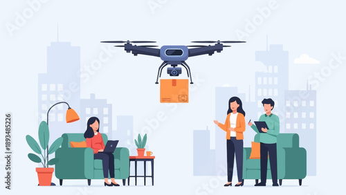 Drone delivery service in a modern city with people interacting