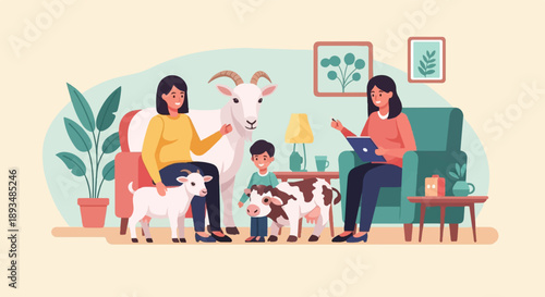 Family gathering with goats and cow indoors in a cozy living room setting