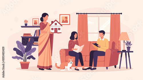 Family in cozy living room, woman holds house model, couple reads, dog sits