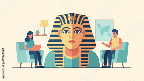 Egyptian mask sculpture with people working and conversing in a room