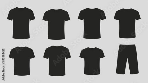 Eight black t-shirts and pants displayed against a plain background