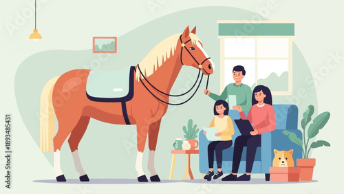Family in living room with horse, dog, plants, and furniture