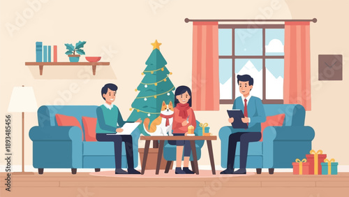 Family and pet celebrate Christmas indoors by a decorated tree and gifts