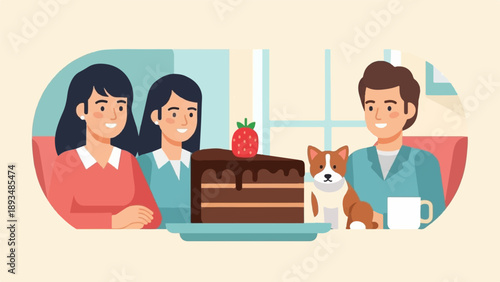 Family and pet celebrate with a strawberry chocolate cake