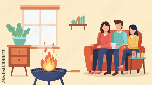 Family indoors around a fire pit with potted plant and books
