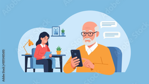 Elderly man and young woman interact with devices in a cozy indoor setting