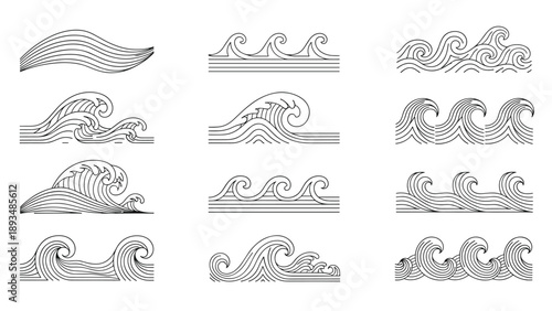 Collection of different ocean wave line art illustrations showing various surf patterns and sea movement styles for marine design.