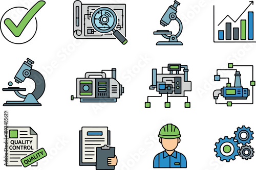 Collection of Icons Representing Quality Control, Engineering, and Scientific Research