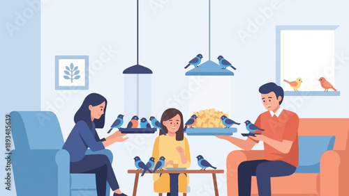 Family offers food to birds indoors on a dining table and couch