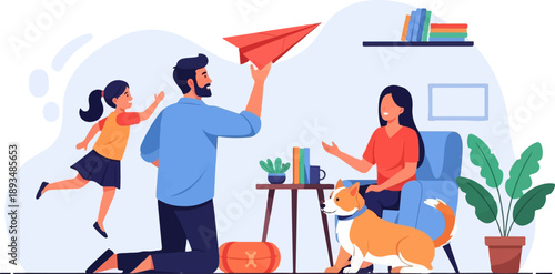 Family at home playing with a paper airplane and their dog