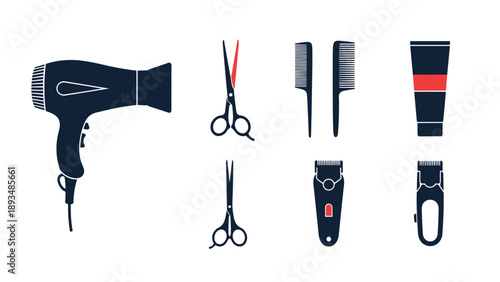Set of professional hair salon and barber tools icons including a hairdryer, scissors, combs, hair clippers, and product tube.