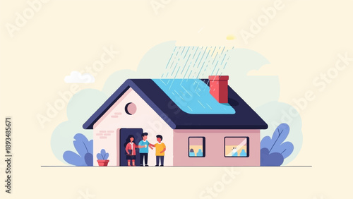 Family at home under raining sky with sun and clouds