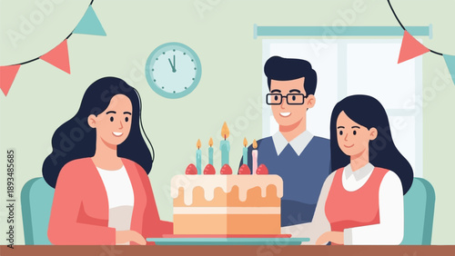 Festive celebration with a birthday cake and happy people