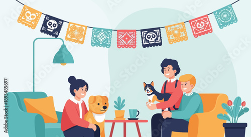 Festive celebration with loved ones and pets indoors