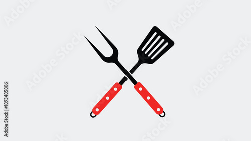 Crossed barbecue fork and spatula with red handles, symbolizing outdoor cooking, grilling, and backyard family gatherings.