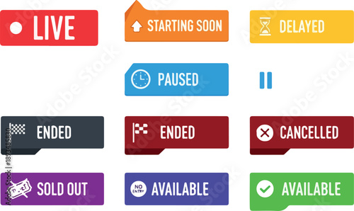 Collection of various status notification buttons and icons for online streaming and broadcasting
