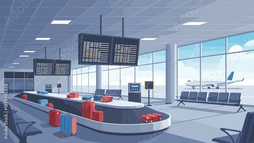 Modern airport baggage claim area illustration featuring a conveyor belt with luggage, information displays, and a waiting lounge.