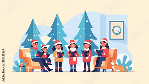 Family caroling with festive decorations in a snowy outdoor setting