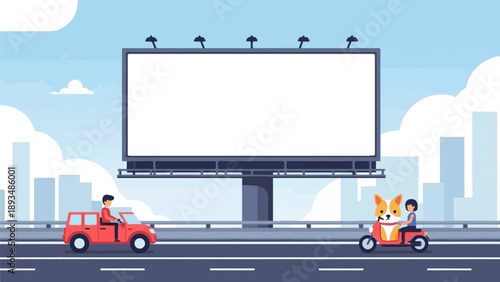 Flat design illustration of a blank billboard on a highway with vehicles