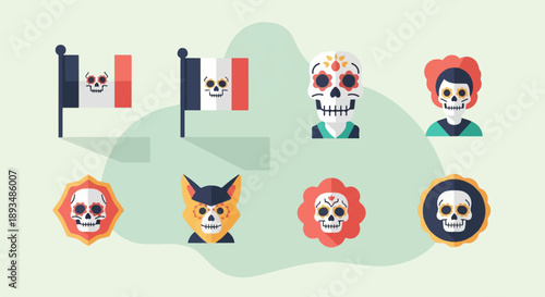 Flat design icons of sugar skulls, a fox skull, and two flags on a light green background
