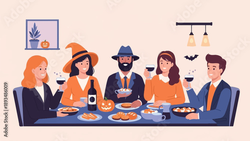 Festive gathering friends celebrate with spooky decorations and themed food