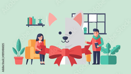Flat design illustration of a large white dog with a red bow, attended by a woman and a man
