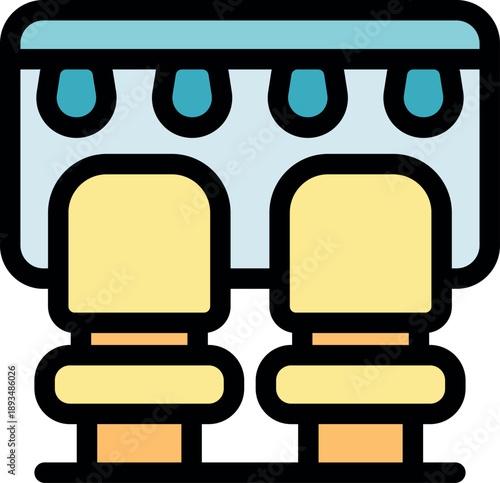 Two chairs facing a table with a decorative tablecloth