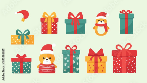 Festive gift boxes and adorable dressed puppies adorn a light green background