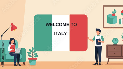 Flat design illustration of a man presenting Italy to a woman working on laptop