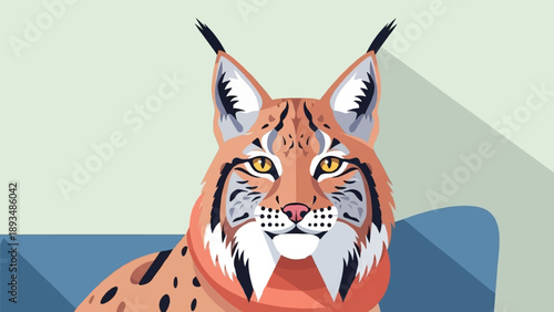 Flat design illustration of a lynx with orange fur and yellow eyes