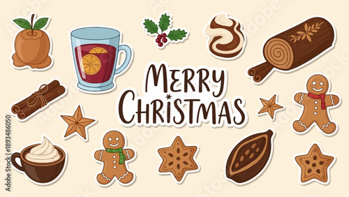 Festive holiday assortment of Christmas treats and drinks in cartoon style