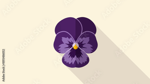 Flat design illustration of a single purple pansy flower with shadow