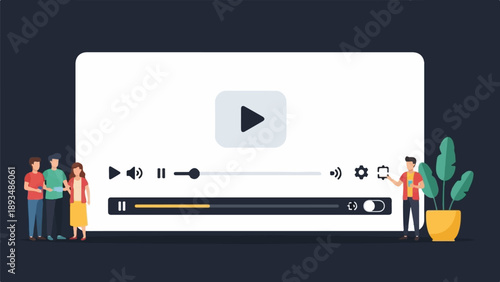 Flat design illustration of a video player interface with people